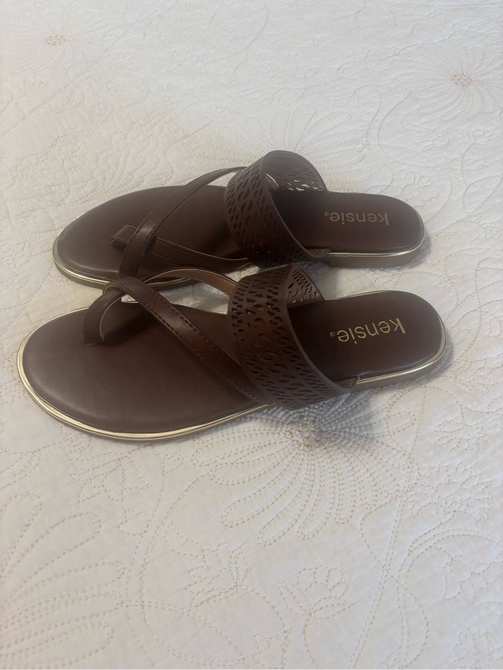 Kensie Chocolate Brown Perforated Strap Toe-Post Sandals with Metallic Trim
